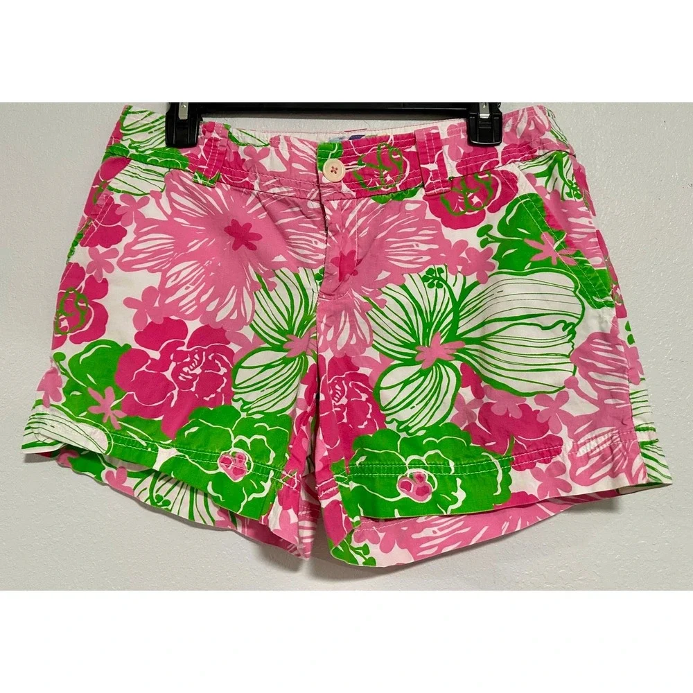 Lilly Pulitzer Callahan Shorts Womens 6 Pink Green Excellent‎ Floral Chino Mid